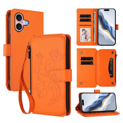 Butterfly Love Flower Multi-card Zipper Wallet Leather Phone Case, For iPhone 16 Pro, For iPhone 16 Plus, For iPhone 16