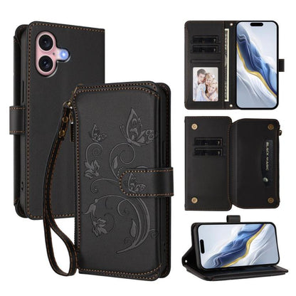 Butterfly Love Flower Multi-card Zipper Wallet Leather Phone Case, For iPhone 16 Pro, For iPhone 16 Plus, For iPhone 16