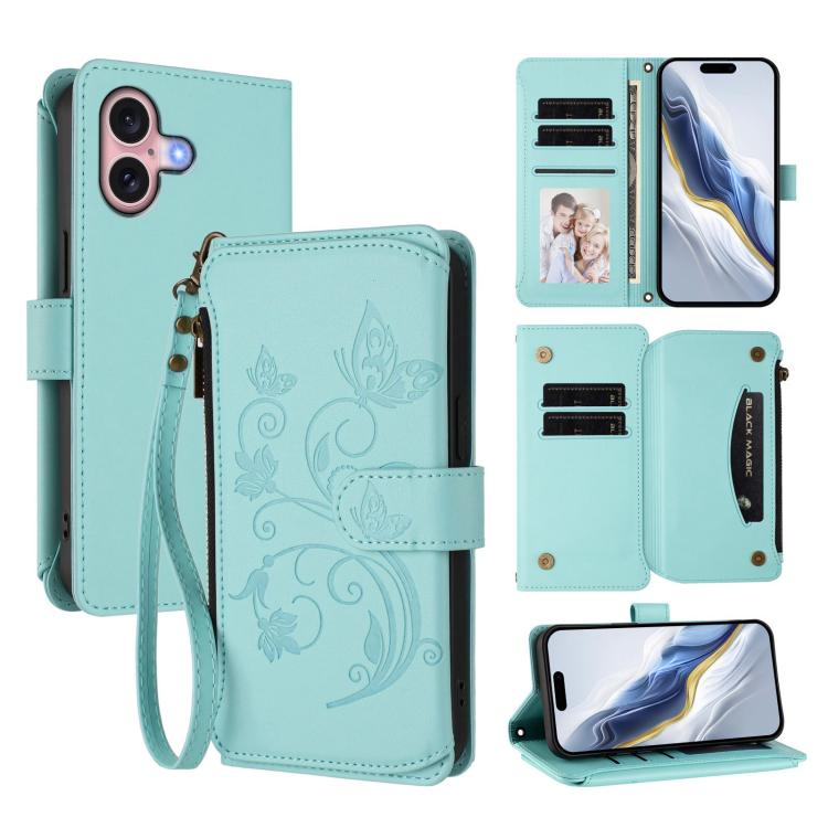 Butterfly Love Flower Multi-card Zipper Wallet Leather Phone Case, For iPhone 16 Pro, For iPhone 16 Plus, For iPhone 16