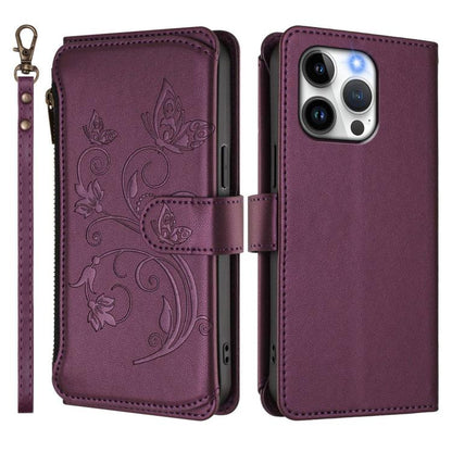 Butterfly Love Flower Multi-card Zipper Wallet Leather Phone Case, For iPhone 15 Pro Max, For iPhone 15 Pro, For iPhone 15 Plus