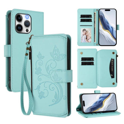 Butterfly Love Flower Multi-card Zipper Wallet Leather Phone Case, For iPhone 15 Pro Max, For iPhone 15 Pro, For iPhone 15 Plus