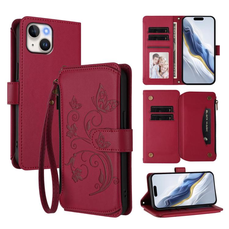 Butterfly Love Flower Multi-card Zipper Wallet Leather Phone Case, For iPhone 15, For iPhone 14 Plus, For iPhone 14 / 13