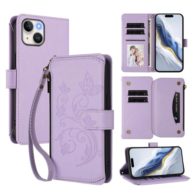 Butterfly Love Flower Multi-card Zipper Wallet Leather Phone Case, For iPhone 15, For iPhone 14 Plus, For iPhone 14 / 13