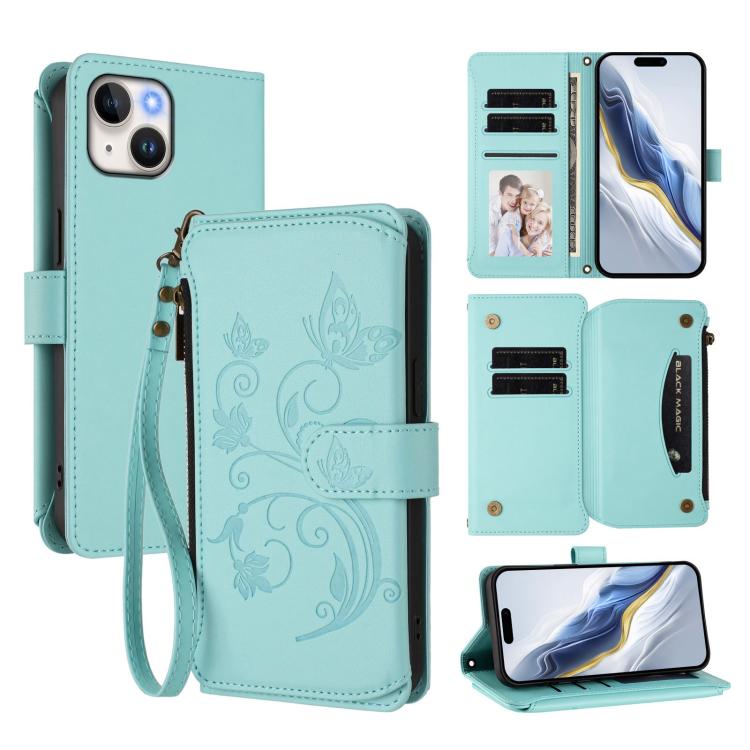 Butterfly Love Flower Multi-card Zipper Wallet Leather Phone Case, For iPhone 13 Pro Max, For iPhone 13 Pro, For iPhone 13 mini
