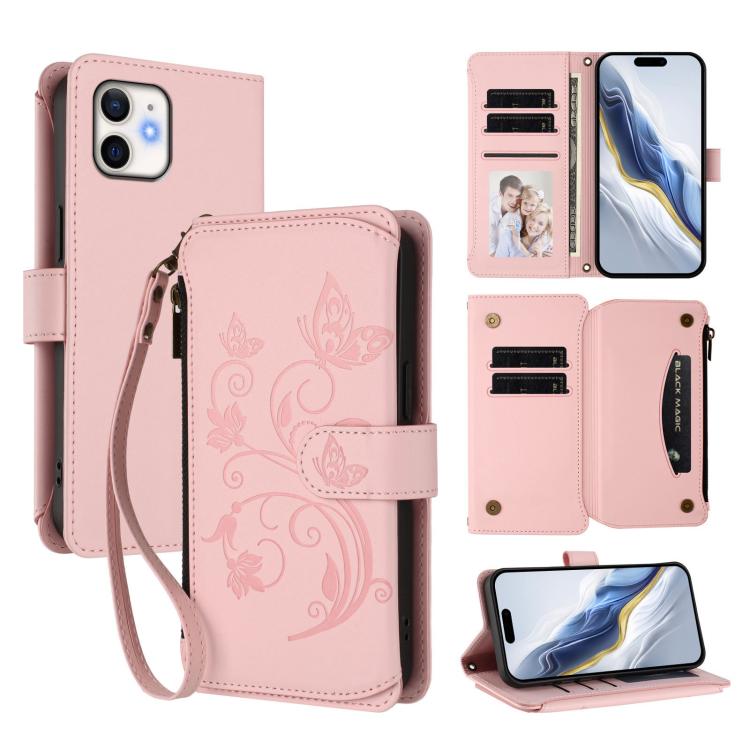 Butterfly Love Flower Multi-card Zipper Wallet Leather Phone Case, For iPhone 12 / 12 Pro, For iPhone 12 Pro Max, For iPhone 12 mini