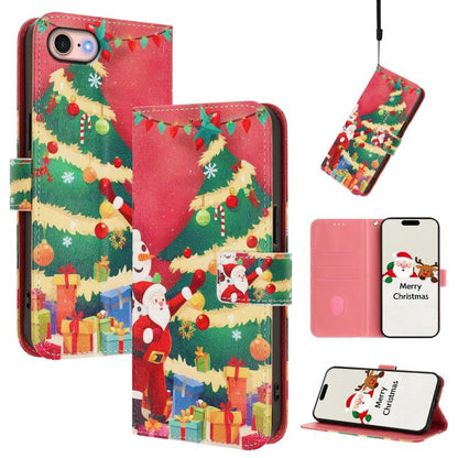 Christmas Series Buckle Leather Phone Case with Hand Strap, For iPhone 14 Pro Max, For iPhone SE 2022 / SE 2020 / 8 / 7, For iPhone 13 Pro Max, For iPhone 13 Pro