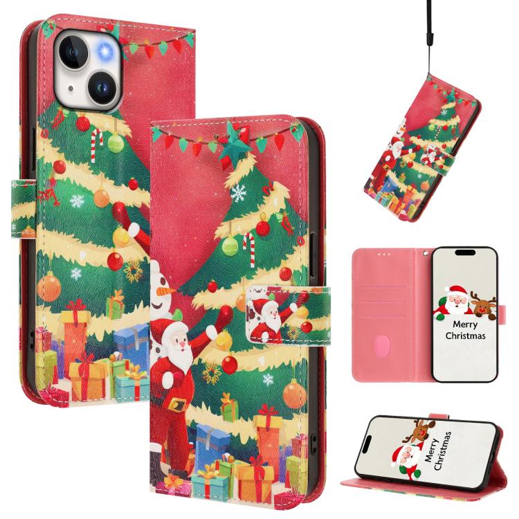 Christmas Series Buckle Leather Phone Case with Hand Strap, For iPhone 15, For iPhone 14 Plus, For iPhone 14 / 13, For iPhone 14 Pro