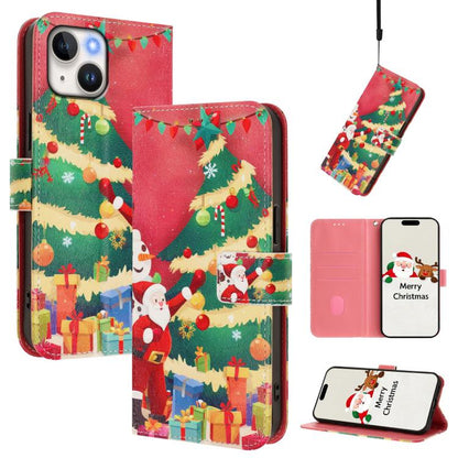 Christmas Series Buckle Leather Phone Case with Hand Strap, For iPhone 15, For iPhone 14 Plus, For iPhone 14 / 13, For iPhone 14 Pro