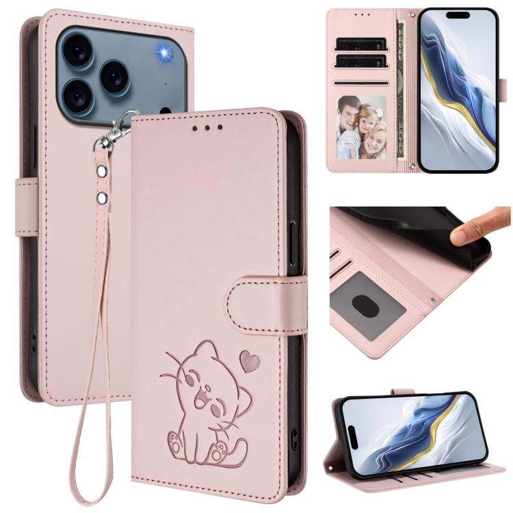 Embossed Heart Cat Leather Phone Case with Hand Strap, For iPhone 18 Pro / 17 Pro, For iPhone 18 Pro Max / 17 Pro Max