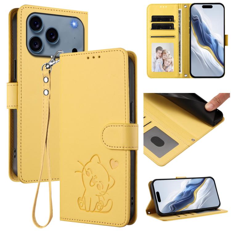 Embossed Heart Cat Leather Phone Case with Hand Strap, For iPhone 18 Pro / 17 Pro, For iPhone 18 Pro Max / 17 Pro Max