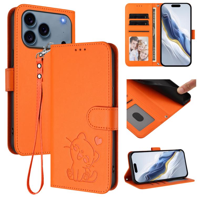 Embossed Heart Cat Leather Phone Case with Hand Strap, For iPhone 18 Pro / 17 Pro, For iPhone 18 Pro Max / 17 Pro Max