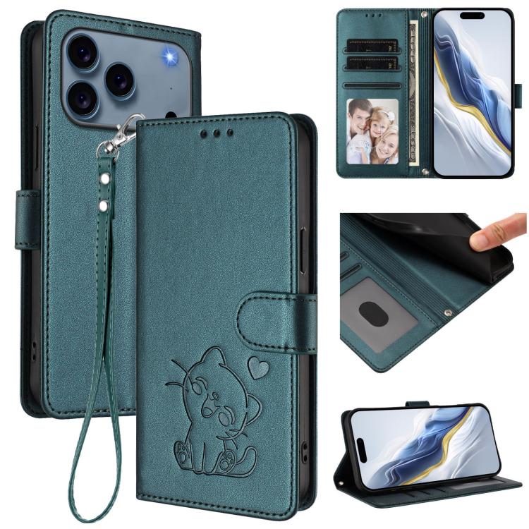 Embossed Heart Cat Leather Phone Case with Hand Strap, For iPhone 18 Pro / 17 Pro, For iPhone 18 Pro Max / 17 Pro Max