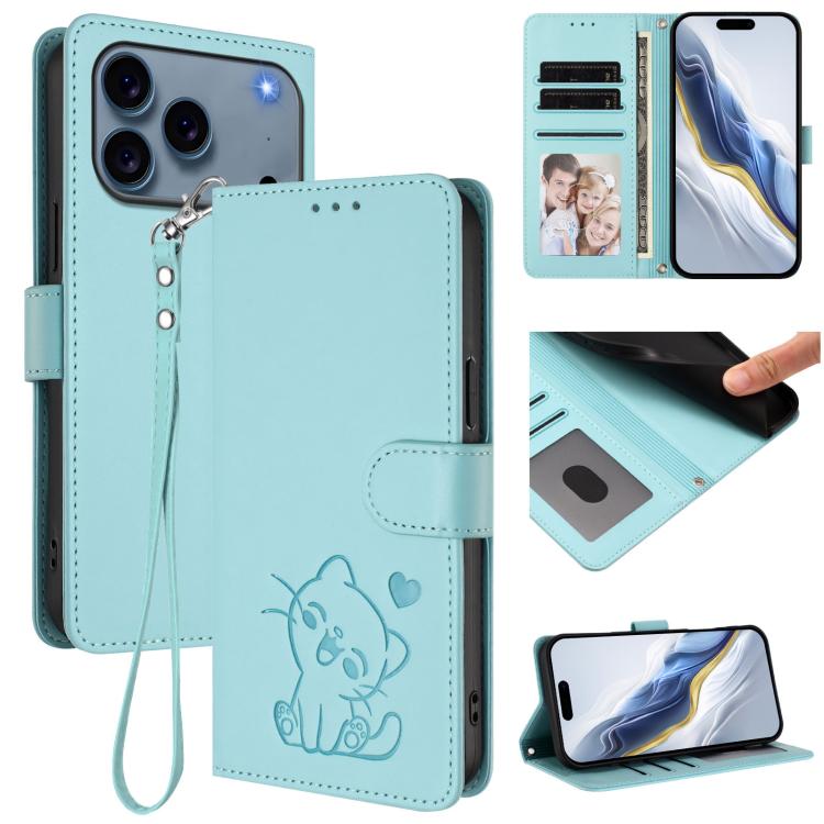 Embossed Heart Cat Leather Phone Case with Hand Strap, For iPhone 18 Pro / 17 Pro, For iPhone 18 Pro Max / 17 Pro Max