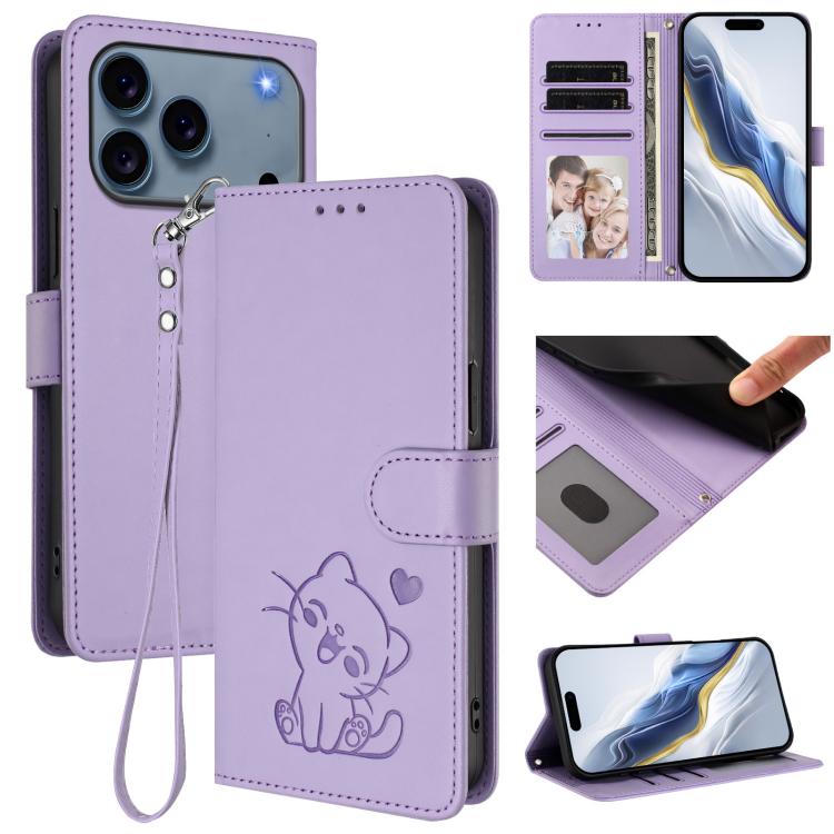 Embossed Heart Cat Leather Phone Case with Hand Strap, For iPhone 18 Pro / 17 Pro, For iPhone 18 Pro Max / 17 Pro Max