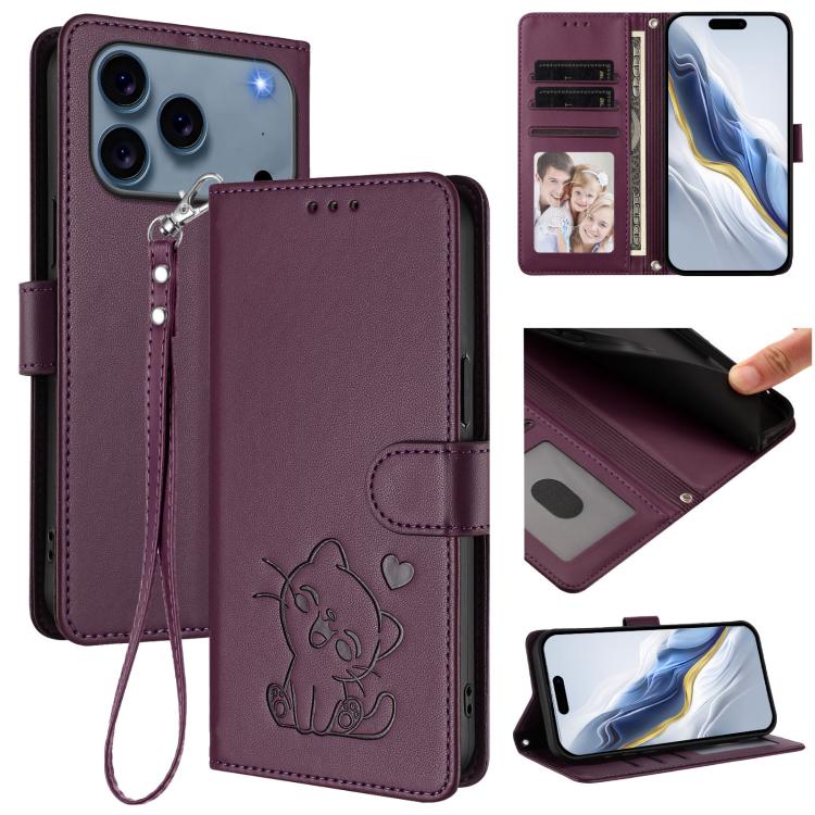 Embossed Heart Cat Leather Phone Case with Hand Strap, For iPhone 18 Pro / 17 Pro, For iPhone 18 Pro Max / 17 Pro Max
