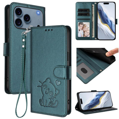 Embossed Heart Cat Leather Phone Case with Hand Strap, For iPhone 18 Pro / 17 Pro, For iPhone 18 Pro Max / 17 Pro Max