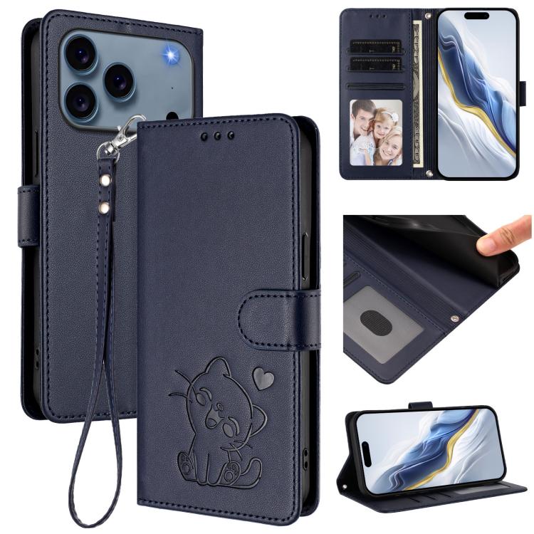 Embossed Heart Cat Leather Phone Case with Hand Strap, For iPhone 18 Pro / 17 Pro, For iPhone 18 Pro Max / 17 Pro Max
