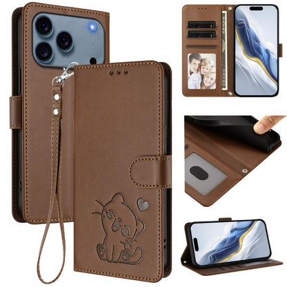 Embossed Heart Cat Leather Phone Case with Hand Strap, For iPhone 18 Pro / 17 Pro, For iPhone 18 Pro Max / 17 Pro Max