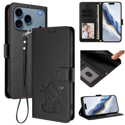 Embossed Heart Cat Leather Phone Case with Hand Strap, For iPhone 18 Pro / 17 Pro, For iPhone 18 Pro Max / 17 Pro Max