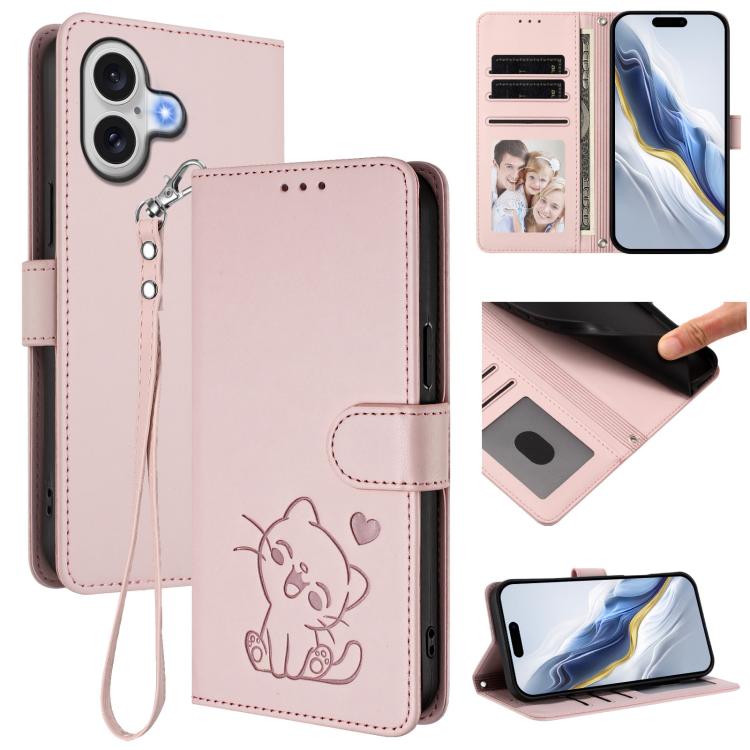 Embossed Heart Cat Leather Phone Case with Hand Strap, For iPhone 17e / 16e, For iPhone 17