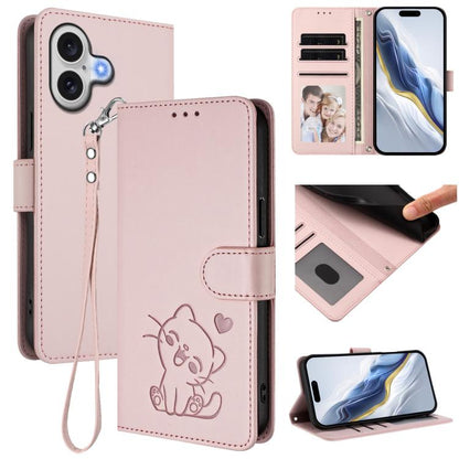 Embossed Heart Cat Leather Phone Case with Hand Strap, For iPhone 17e / 16e, For iPhone 17