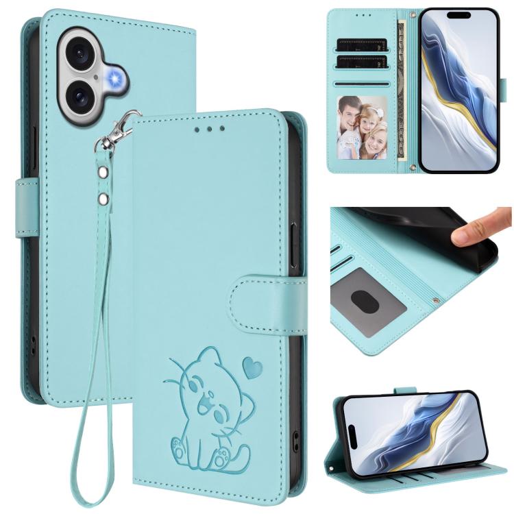 Embossed Heart Cat Leather Phone Case with Hand Strap, For iPhone 17e / 16e, For iPhone 17