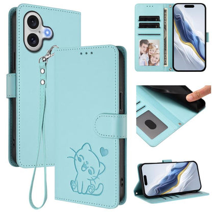 Embossed Heart Cat Leather Phone Case with Hand Strap, For iPhone 17e / 16e, For iPhone 17