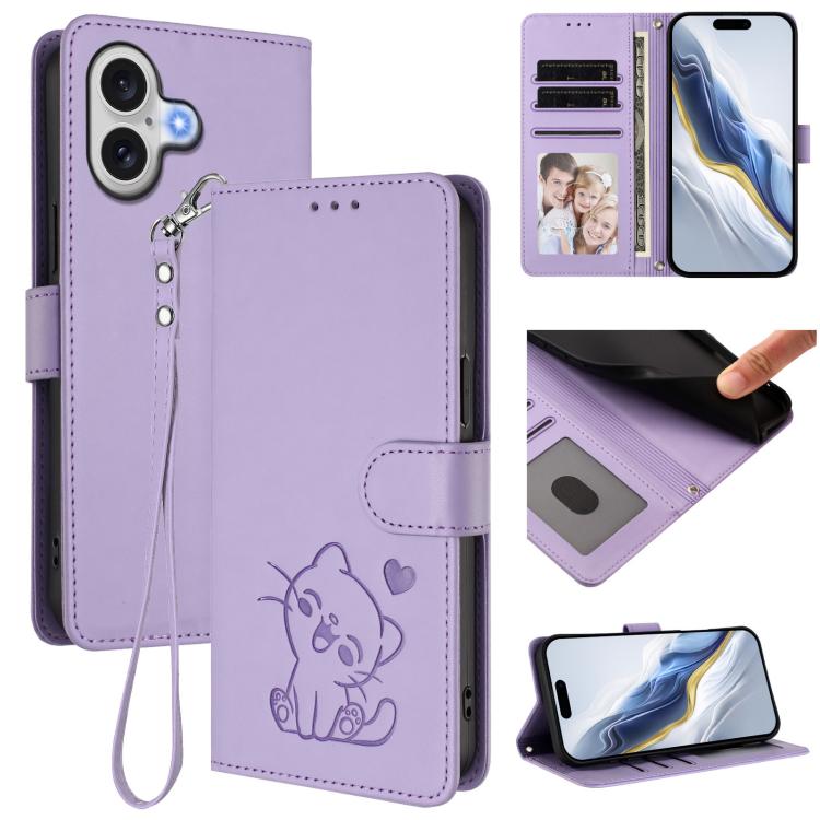 Embossed Heart Cat Leather Phone Case with Hand Strap, For iPhone 17e / 16e, For iPhone 17