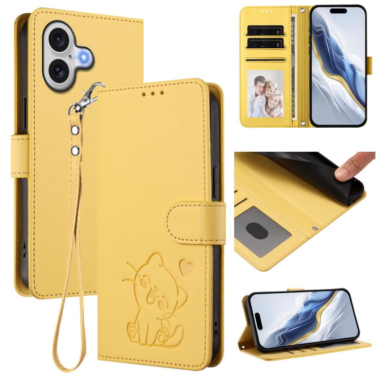 Embossed Heart Cat Leather Phone Case with Hand Strap, For iPhone 17e / 16e, For iPhone 17
