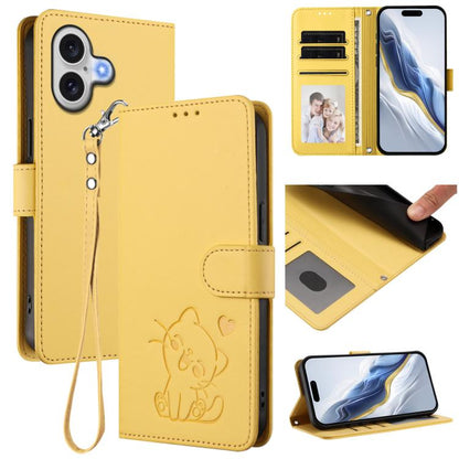 Embossed Heart Cat Leather Phone Case with Hand Strap, For iPhone 17e / 16e, For iPhone 17