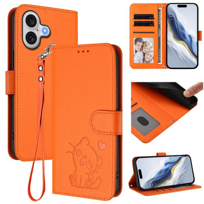 Embossed Heart Cat Leather Phone Case with Hand Strap, For iPhone 17e / 16e, For iPhone 17
