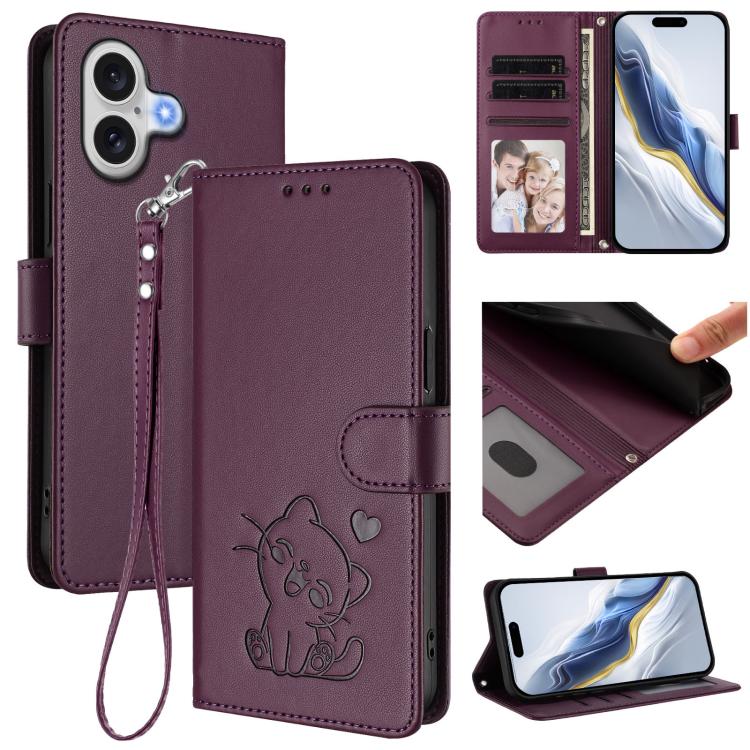 Embossed Heart Cat Leather Phone Case with Hand Strap, For iPhone 17e / 16e, For iPhone 17