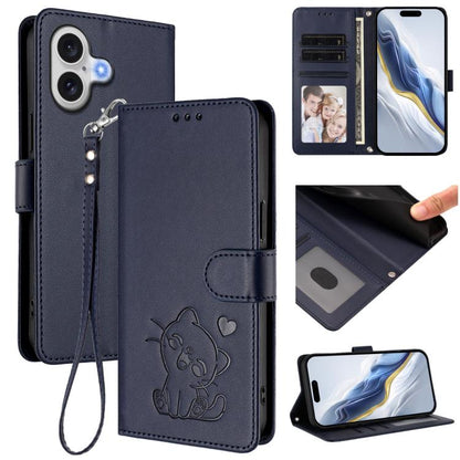 Embossed Heart Cat Leather Phone Case with Hand Strap, For iPhone 17e / 16e, For iPhone 17