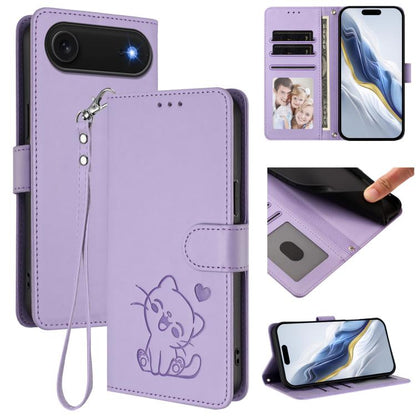 Embossed Heart Cat Leather Phone Case with Hand Strap, For iPhone Air, For iPhone 16 Pro Max