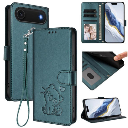 Embossed Heart Cat Leather Phone Case with Hand Strap, For iPhone Air, For iPhone 16 Pro Max