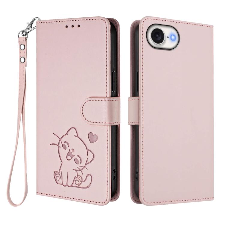 Embossed Heart Cat Leather Phone Case with Hand Strap, For iPhone 17e / 16e, For iPhone 17