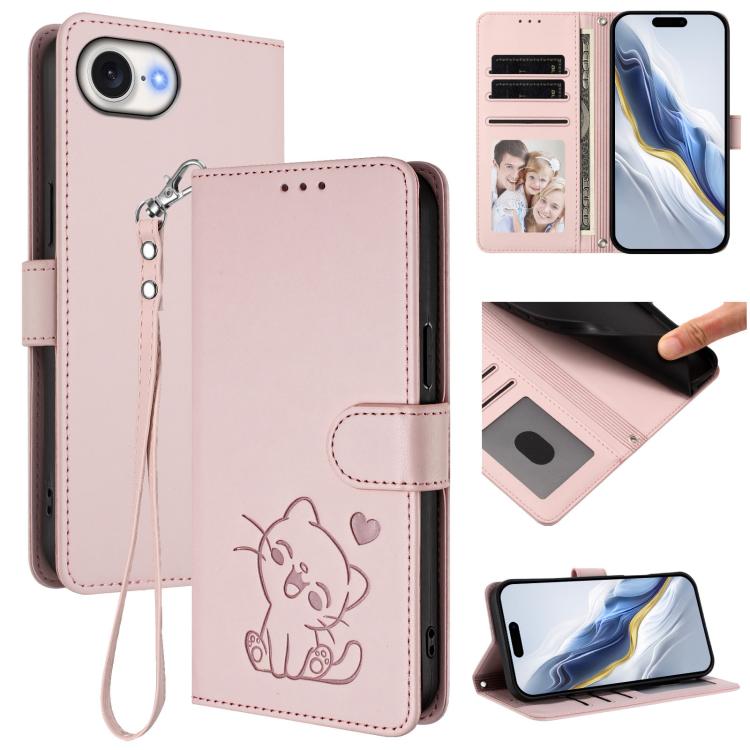 Embossed Heart Cat Leather Phone Case with Hand Strap, For iPhone 17e / 16e, For iPhone 17