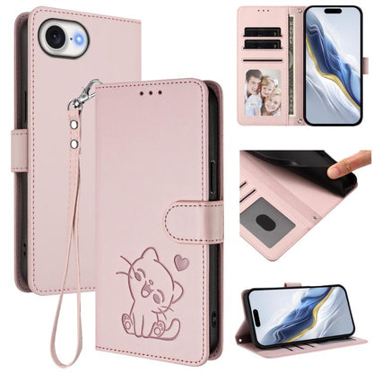 Embossed Heart Cat Leather Phone Case with Hand Strap, For iPhone 17e / 16e, For iPhone 17