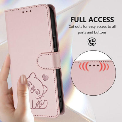 Embossed Heart Cat Leather Phone Case with Hand Strap, For iPhone 17e / 16e, For iPhone 17