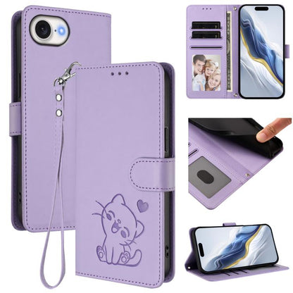 Embossed Heart Cat Leather Phone Case with Hand Strap, For iPhone 17e / 16e, For iPhone 17