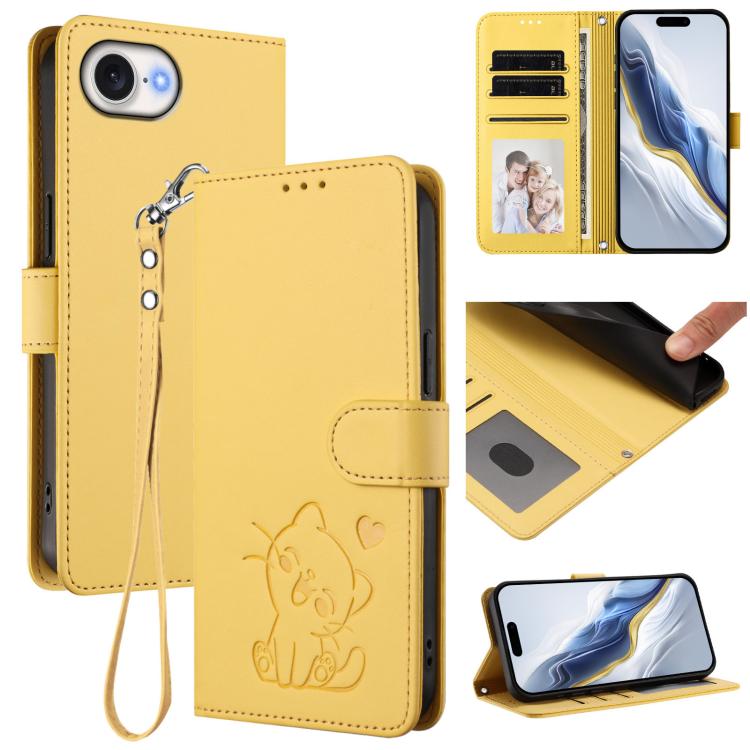 Embossed Heart Cat Leather Phone Case with Hand Strap, For iPhone 17e / 16e, For iPhone 17