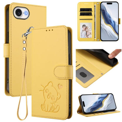 Embossed Heart Cat Leather Phone Case with Hand Strap, For iPhone 17e / 16e, For iPhone 17