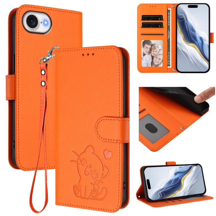 Embossed Heart Cat Leather Phone Case with Hand Strap, For iPhone 17e / 16e, For iPhone 17