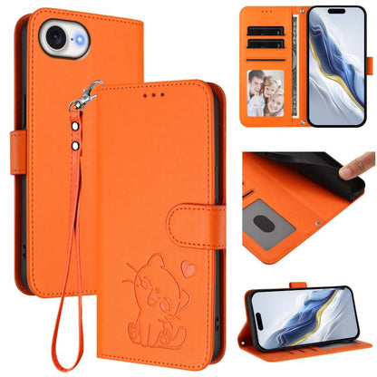 Embossed Heart Cat Leather Phone Case with Hand Strap, For iPhone 17e / 16e, For iPhone 17