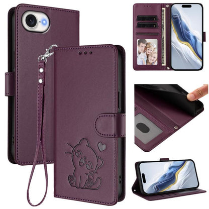 Embossed Heart Cat Leather Phone Case with Hand Strap, For iPhone 17e / 16e, For iPhone 17
