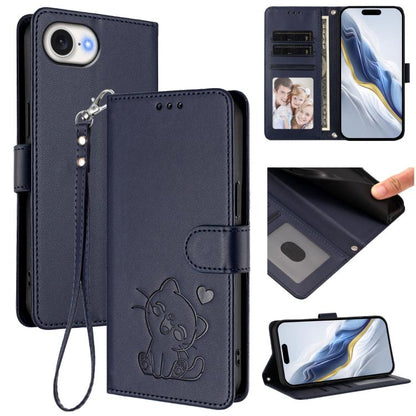 Embossed Heart Cat Leather Phone Case with Hand Strap, For iPhone 17e / 16e, For iPhone 17