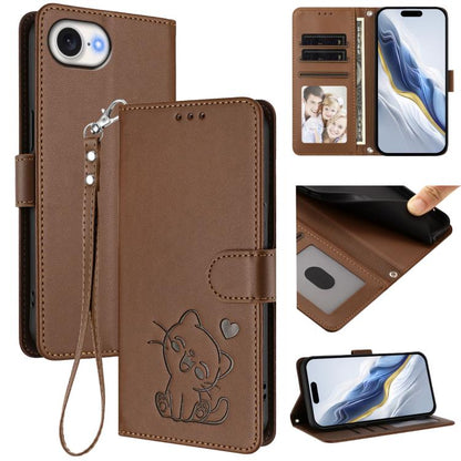 Embossed Heart Cat Leather Phone Case with Hand Strap, For iPhone 17e / 16e, For iPhone 17