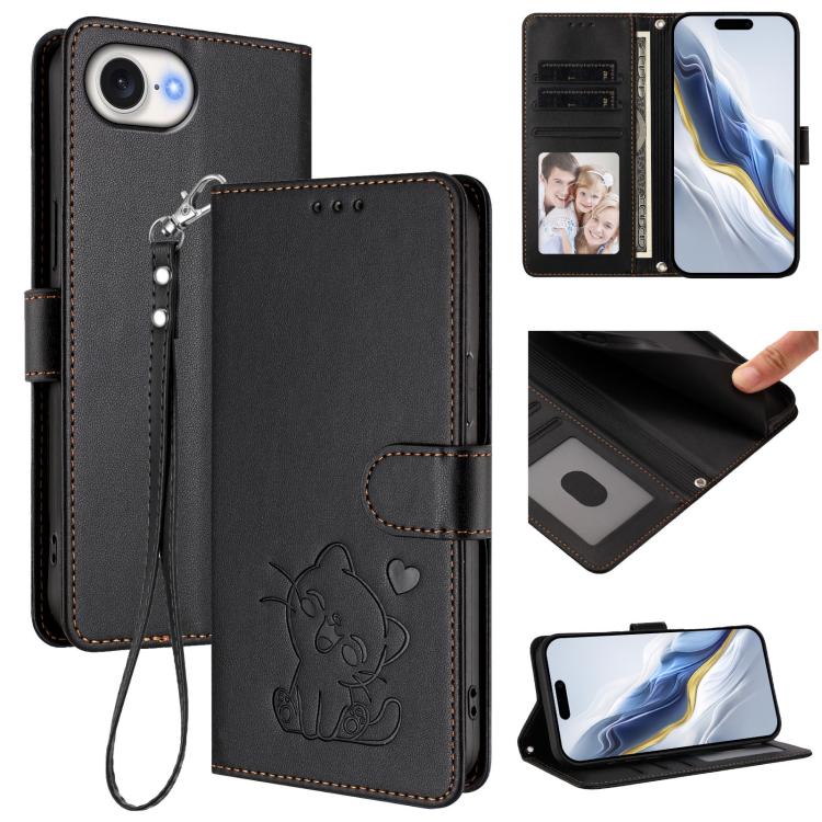 Embossed Heart Cat Leather Phone Case with Hand Strap, For iPhone 17e / 16e, For iPhone 17