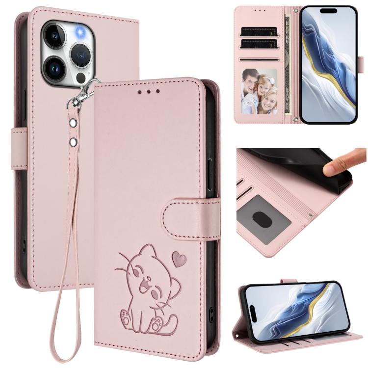 Embossed Heart Cat Leather Phone Case with Hand Strap, For iPhone Air, For iPhone 16 Pro Max