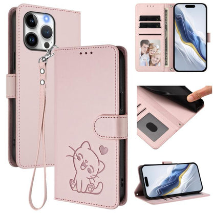 Embossed Heart Cat Leather Phone Case with Hand Strap, For iPhone Air, For iPhone 16 Pro Max
